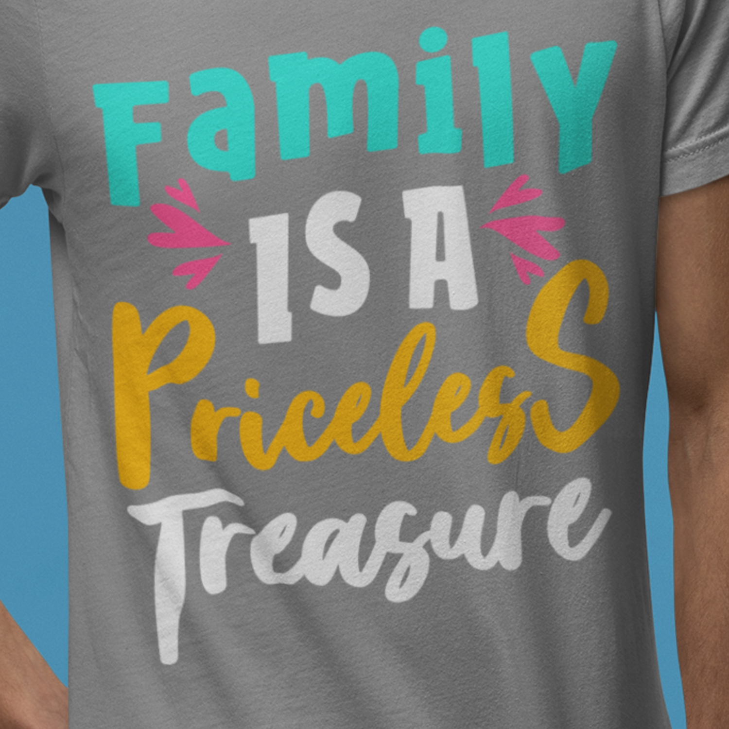 grey tee with text "family is a treasure"