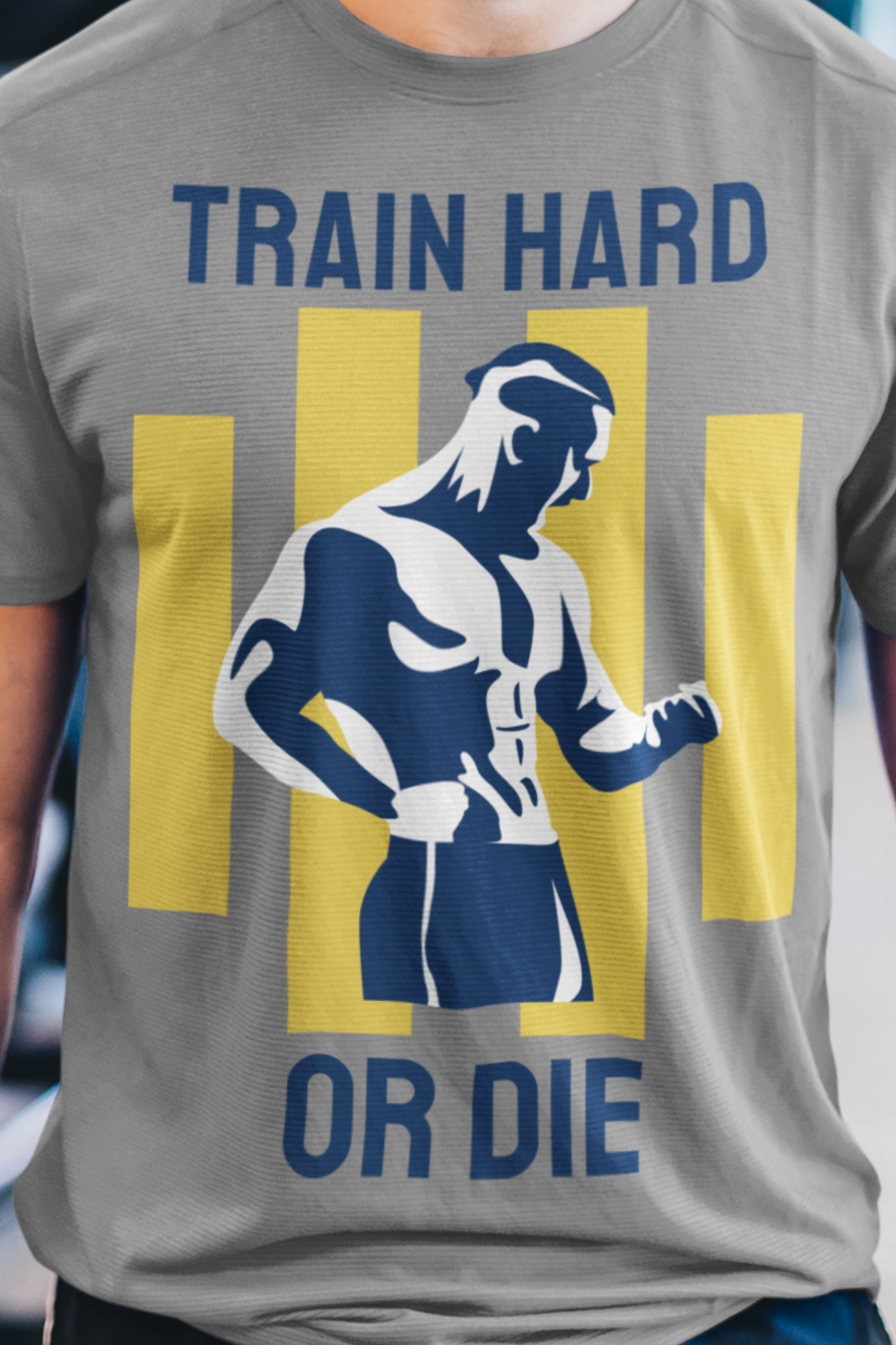 grey gym tee w/text "train hard or die"