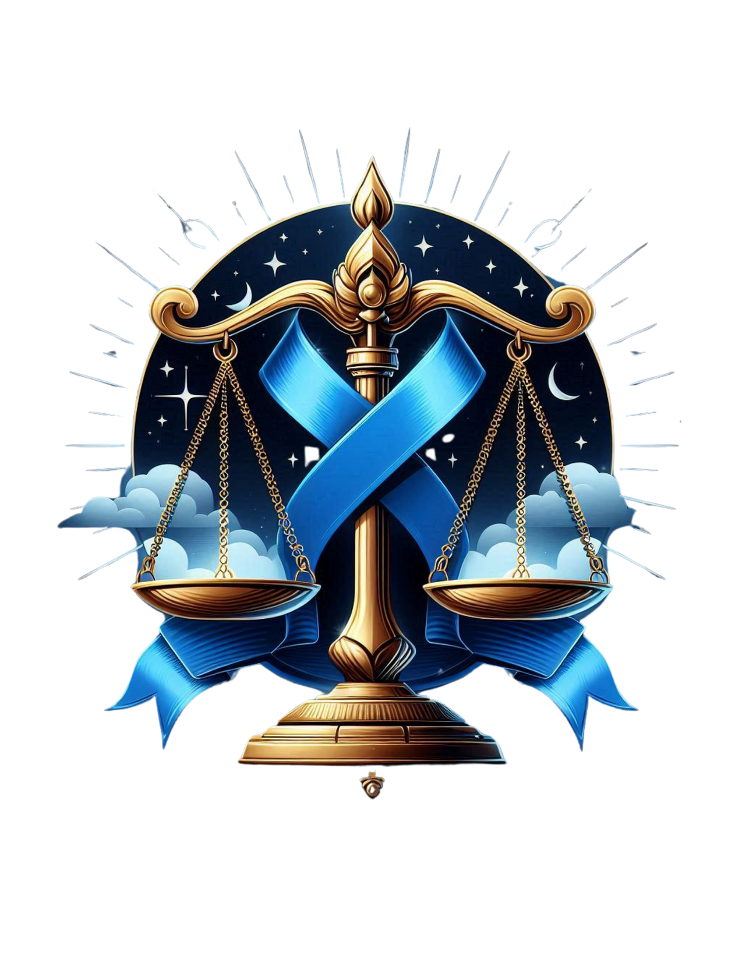 blue ribbon wrapped around the scales of justice with space globe behind