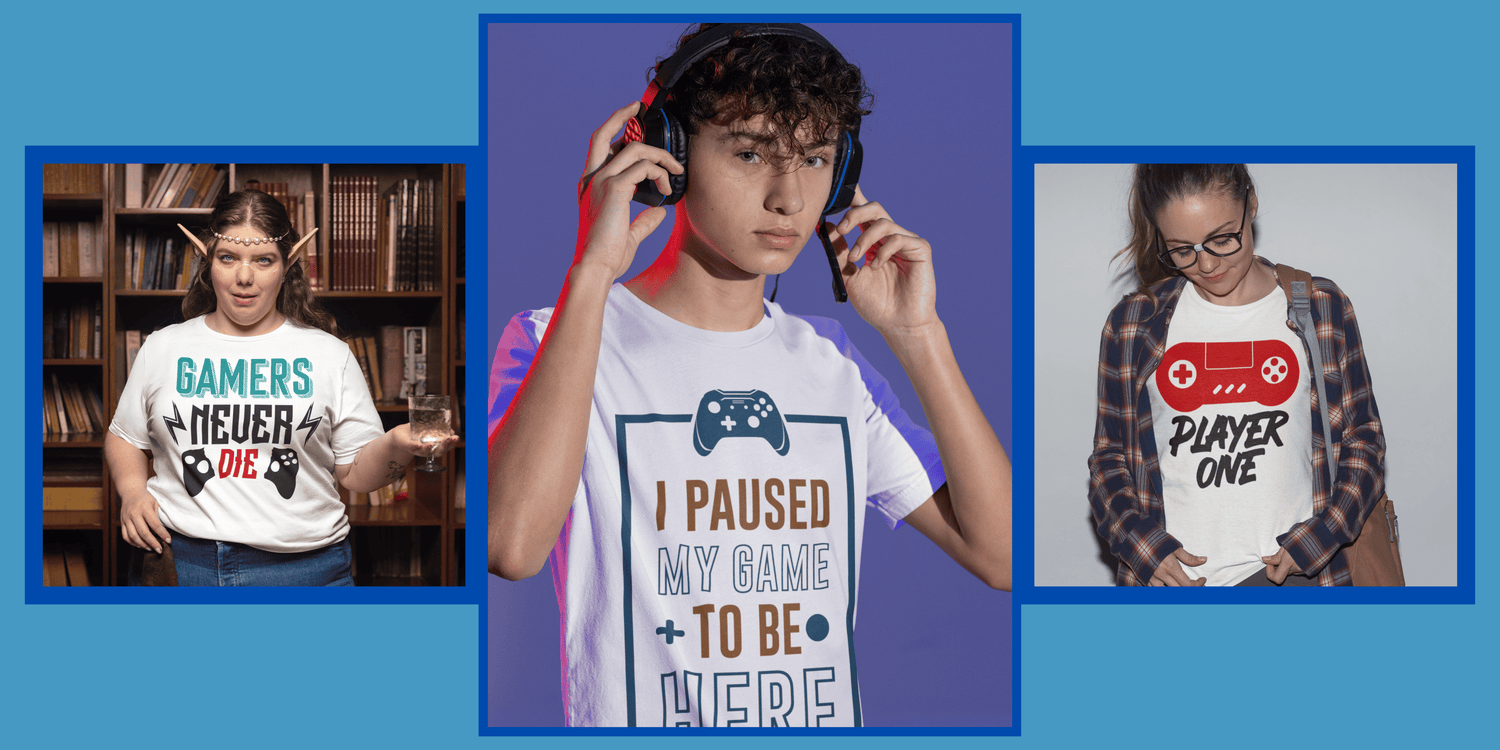 3 gamers wearing gamer tees